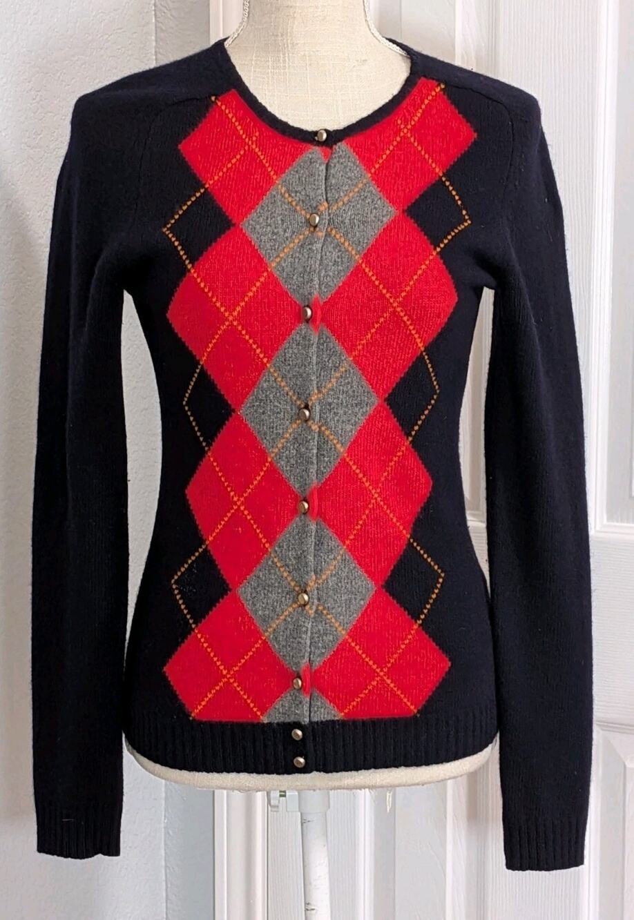 J Crew Cashmere Blnd Argyle Sweater Knit Cardigan Women’s Size Sm Orange/Navy